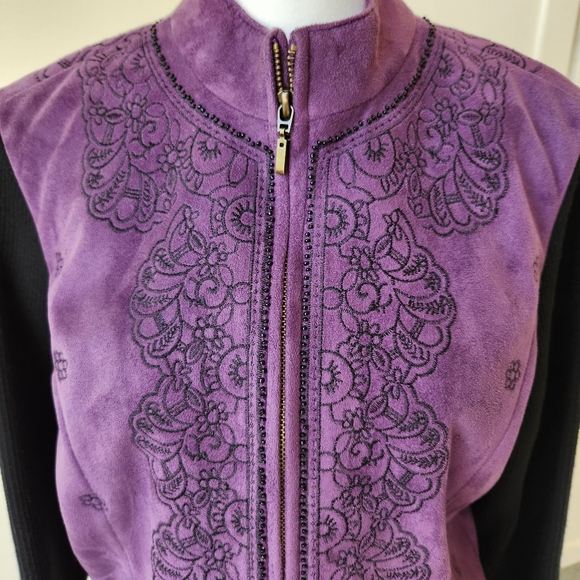 Whimsigoth Jacket Purple Plum Vintage Y2K Faux Suede Floral Embroidered Medium - Picture 8 of 14